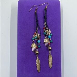 💛 Classic Bohemian Gold Hamsa Turquoise Dangle Earrings